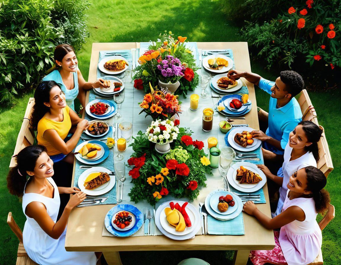 A beautifully arranged dining table set outdoors, adorned with colorful, gourmet dishes representing diverse cuisines, surrounded by lush greenery and vibrant flowers. Soft, warm sunlight bathes the scene, inviting a feeling of joy and relaxation. A smiling family is enjoying their meal, capturing the essence of shared happiness and adventure in dining. super-realistic. vibrant colors. outdoor setting.