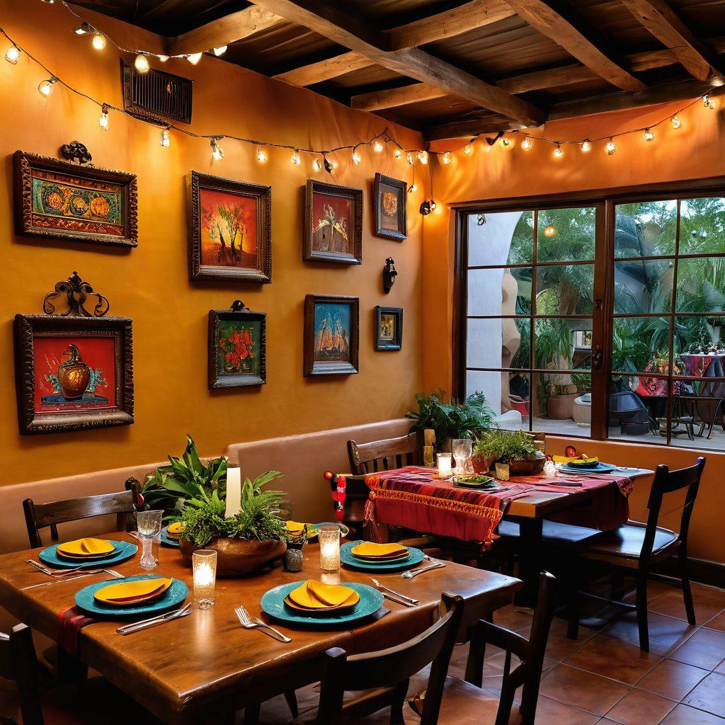 A beautifully set dining table at La Hacienda Restaurant, adorned with vibrant Mexican tableware, colorful traditional dishes, and lush greenery surrounding the scene. The warm glow of string lights above creates a joyful, inviting atmosphere. The background features a charming rustic interior with glimpses of art and decor reflecting Mexican culture. super-realistic. vibrant colors. intimate ambiance.