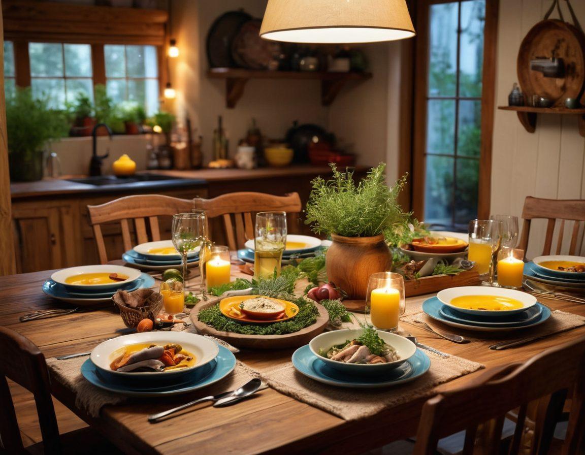 A beautifully set dining table showcasing a transition from home-style meals to gourmet dishes, featuring rustic wooden elements blending with elegant dinnerware. Include colorful plates of traditional and modern dishes, garnished with fresh herbs, surrounded by soft lighting and aromatic spices. A backdrop of a cozy kitchen and elegant restaurant ambiance. super-realistic. vibrant colors. warm lighting.